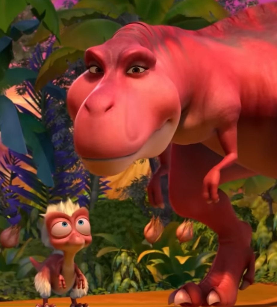 ArloScout's tweet image. This has gotta be the worst baby T. Rex design in animation media.

Like, just look at that ugly face! How does it even resemble a T. Rex at all!?

Don't mind the feathers, but he looks like a crack addict version of E.T who's been trapped inside a Jamster commercial!!

#Paleo