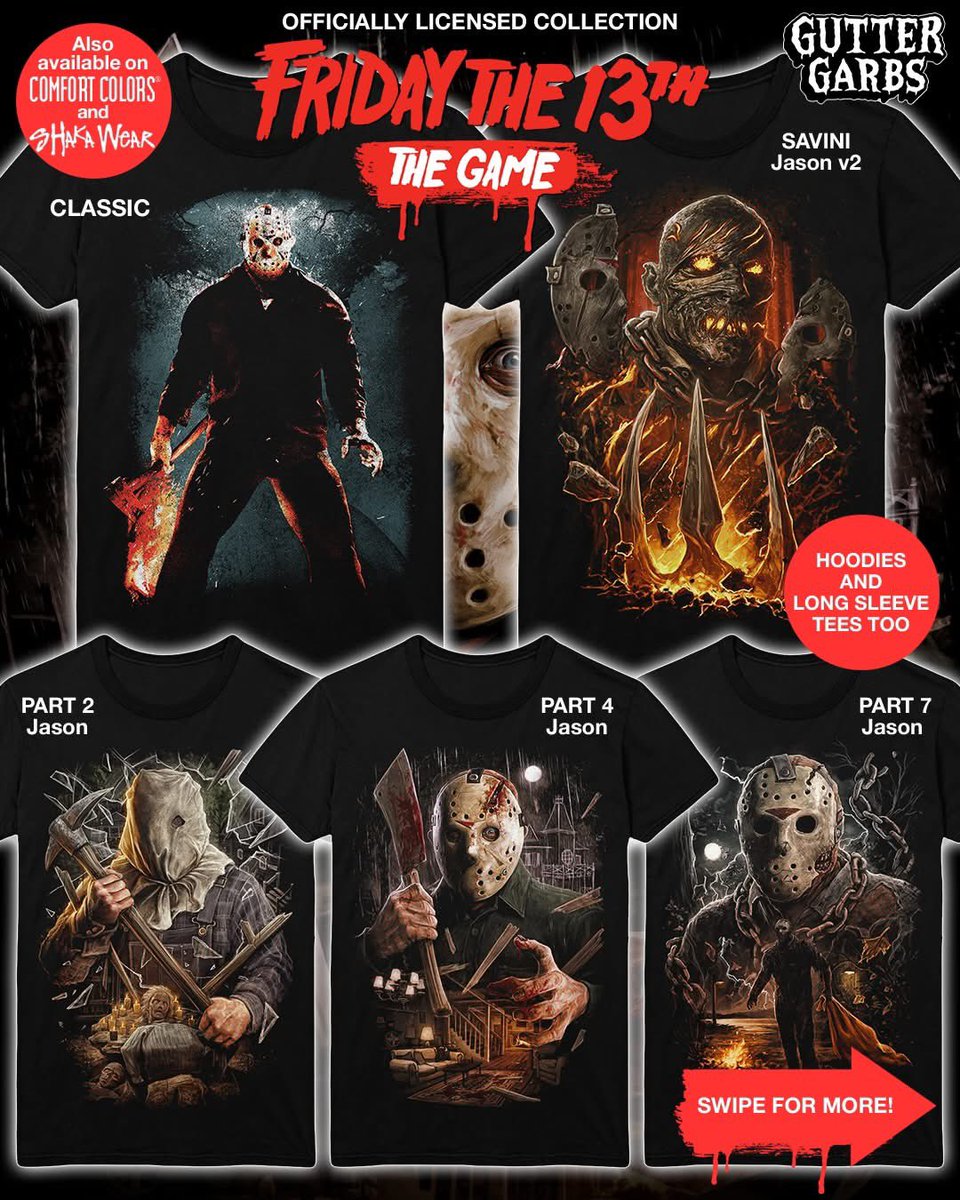 F13thFranchise's tweet photo. New shirts designs and pins from Friday The 13th: The Game on sale now at https://t.co/nRC0AgSFib https://t.co/FWG9dV1YDa