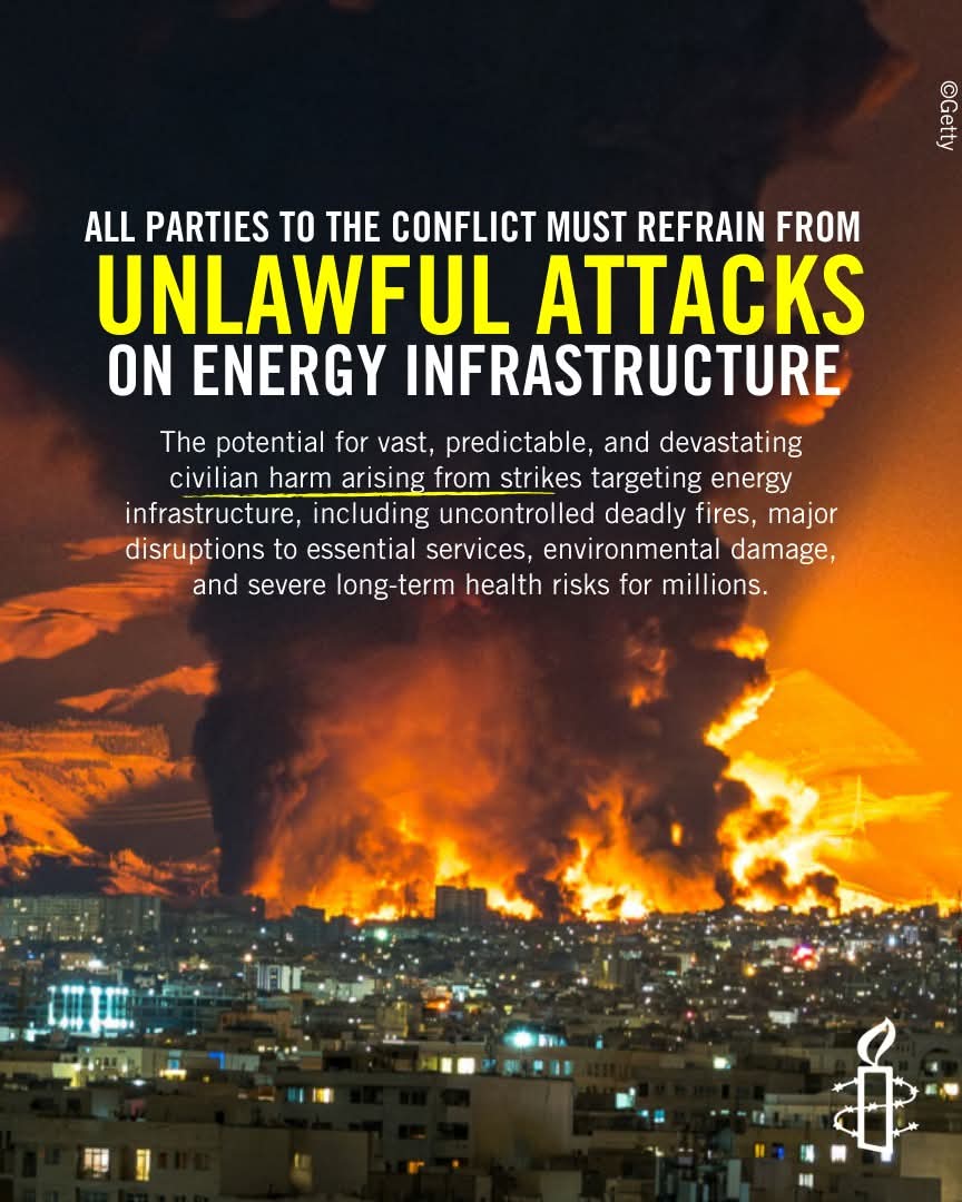 Aswec4peace's tweet photo. In recent days Israeli-US air strikes have targeted multiple fuel storage and distribution facilities in Iran, and the Islamic Republic of Iran’s military has carried out attacks affecting fuel depots and oil and gas infrastructure in multiple Gulf states.

Credit: Amnesty Int https://t.co/sz059jcPjT