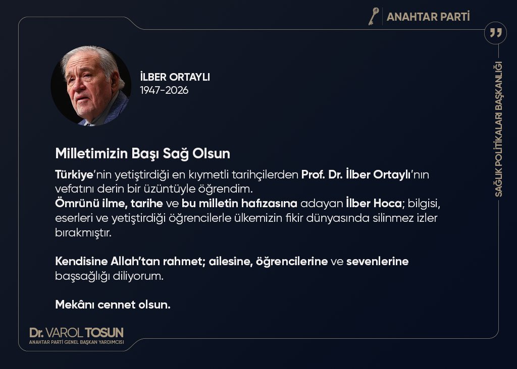 Ömrünü ilme, tarihe ve bu milletin hafızasını diri tutmaya adamış büyük bir münevveri kaybettik.
Mekânı cennet, hatırası daim olsun.
<a href="/yavuzagiraliog/">Yavuz Ağıralioğlu</a> <a href="/anahtarsaglik/">Anahtar Parti | Sağlık Politikaları Başkanlığı</a> 
#ilberortayli #ilberortaylı
