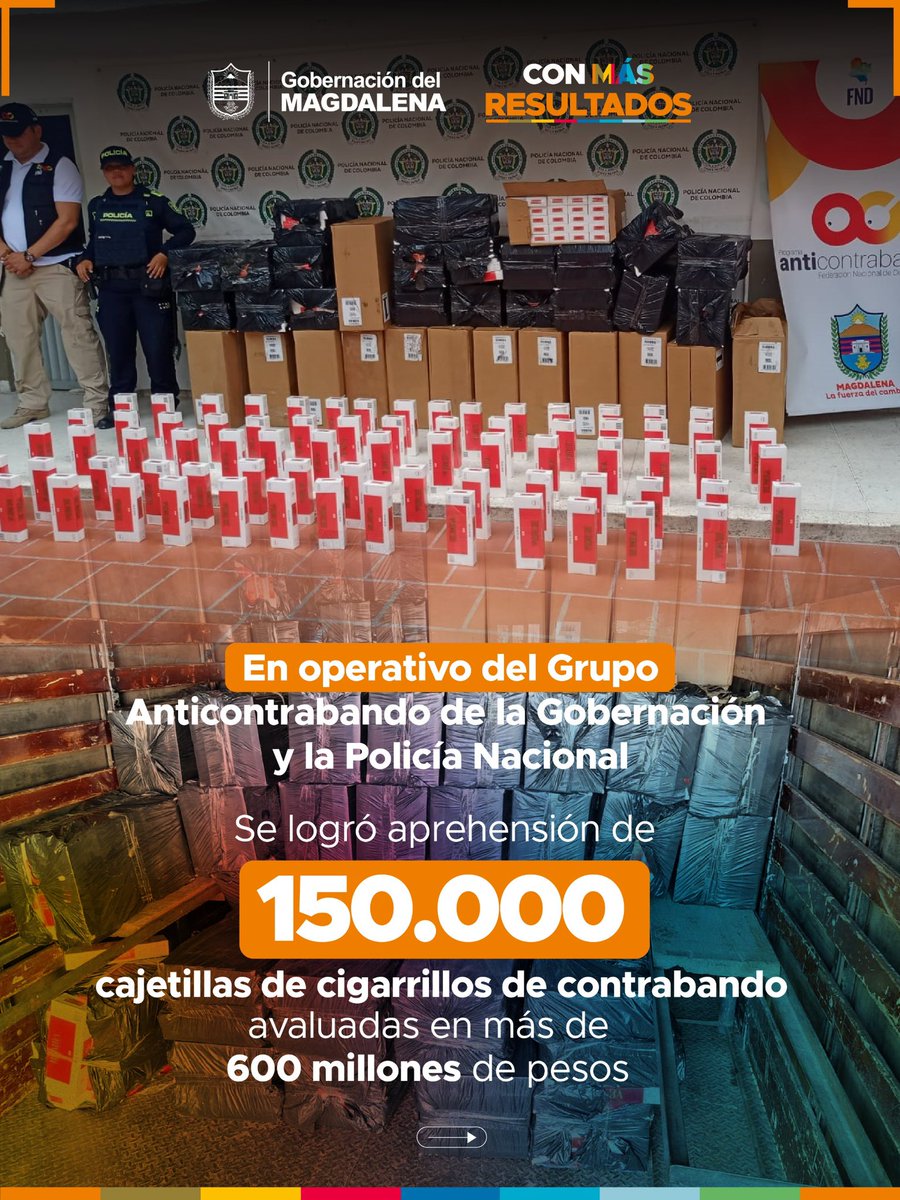 FNDCol's tweet photo. 150.000 cajetillas de cigarrillos de contrabando, valoradas en más de 600 millones de pesos, fueron aprehendidas en Ciénaga (Magdalena) por el Grupo Operativo Anticontrabando de la @MagdalenaGober, en coordinación con @PoliciaColombia. #TodosSomosRegión https://t.co/9ojbVDBVfe