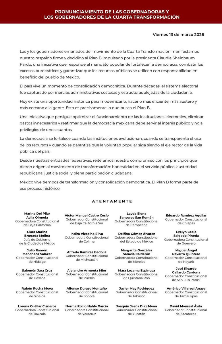Respaldo al Plan B impulsado por la presidenta Claudia Sheinbaum Pardo, destacando que busca fortalecer la democracia, reducir la burocracia y garantizar el uso de recursos públicos en beneficio del pueblo.

#Chiapas | #Noti13

facebook.com/share/p/1CTNxW…