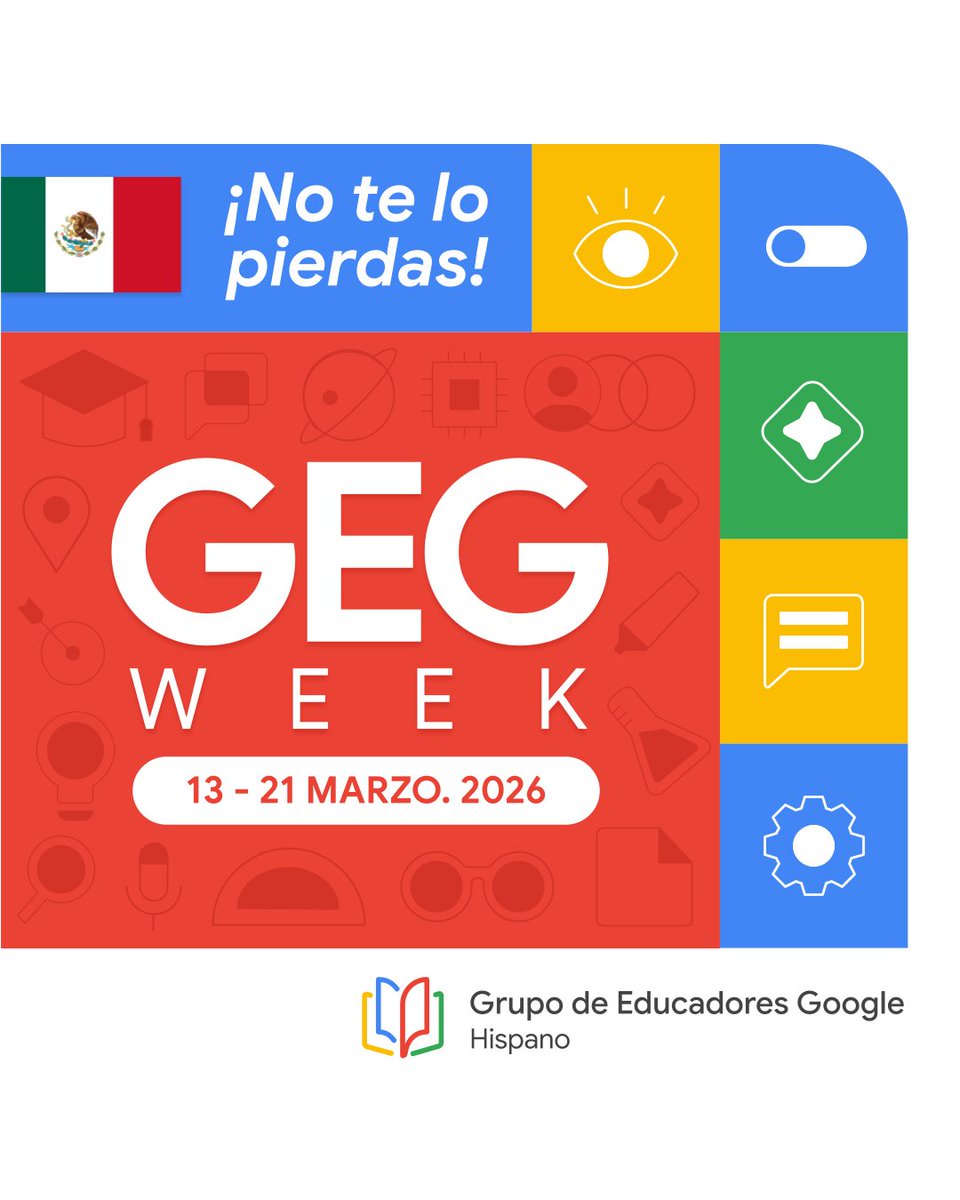 ¡Llega la #GEGWeek 2026! 

Cultura y alfabetización digital gratis para docentes. 

Del 13 al 21 de marzo 2026, muchas comunidades de los Grupos de Educadores de Google a nivel Latinoamérica, estaremos compartiendo experiencias, webinars, recursos y una amplia variedad de