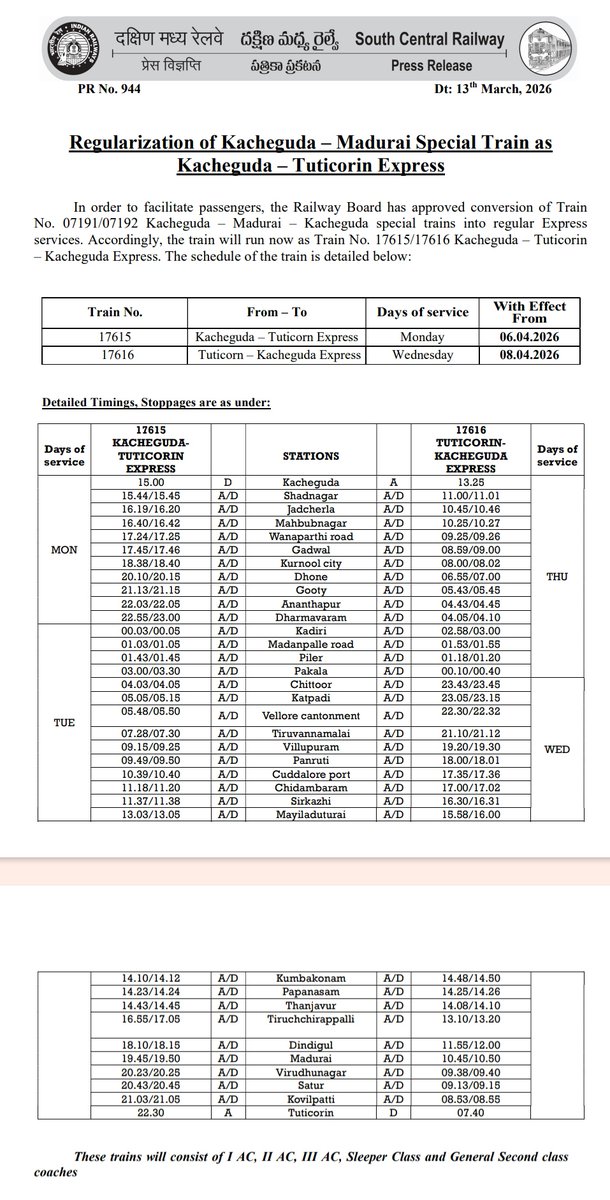 SCRailwayIndia's tweet image. Regularization of #Kacheguda – Madurai Special Train as Kacheguda – #Tuticorin Express

@drmhyb @drmsecunderabad @drmgtl @DRMTPJ @drmmadurai @GMSRailway