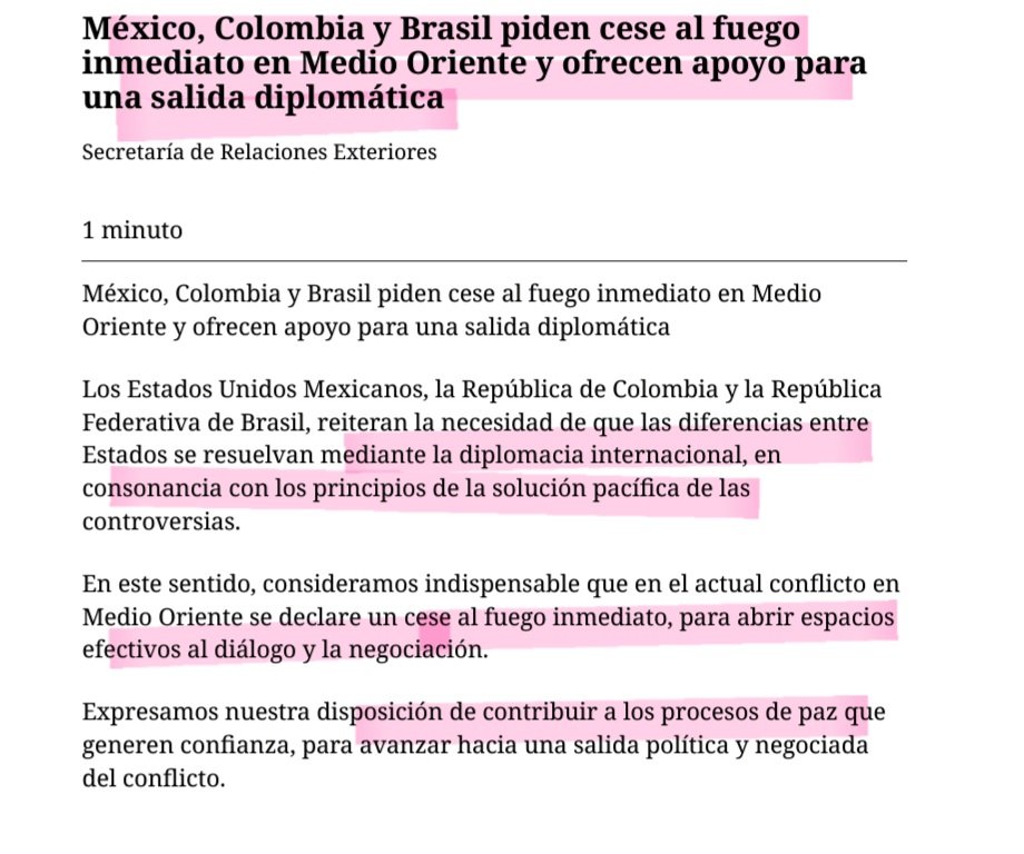 grielpapa's tweet photo. Guerra en Medio Oriente.
Brasil, Colombia y México:
- piden cese al fuego, 
- plantean la necesidad de resolución pacífica de diferencias entre Estados, 
- ofrecen sus buenos oficios para contribuir a un proceso de paz. https://t.co/AfPc3XpDzj