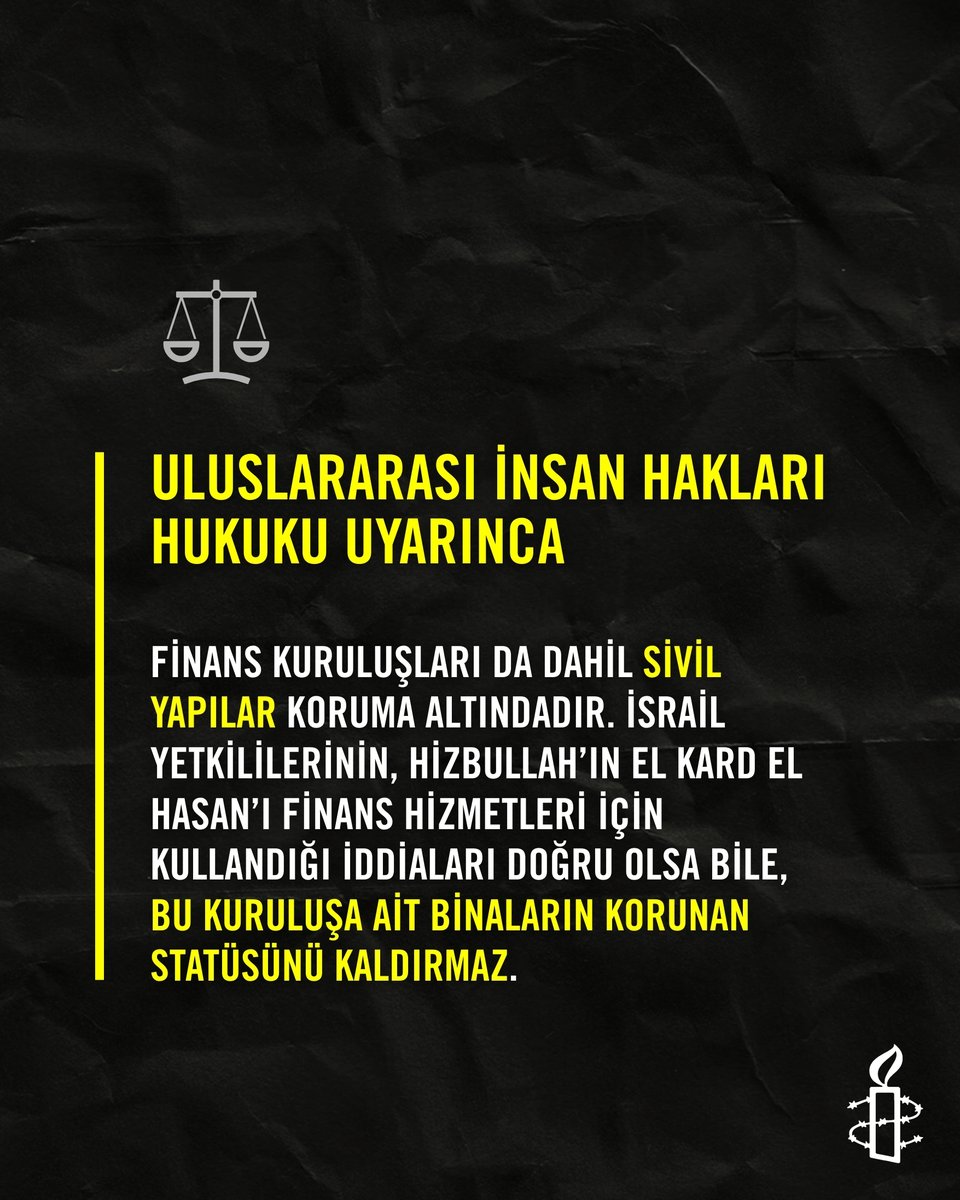 🛑 Siviller ve sivil yapılar, sadece yakınlıkları veya varsayılan bağlantıları nedeniyle meşru hedef olmaz.⁠
⁠
🔴 Buna rağmen, İsrail bir kez daha, desteğe ihtiyaç duyan binlerce kişi için bir yaşam hattı görevi gören finans kuruluşu El Kard El Hasan’ın binalarını imha
