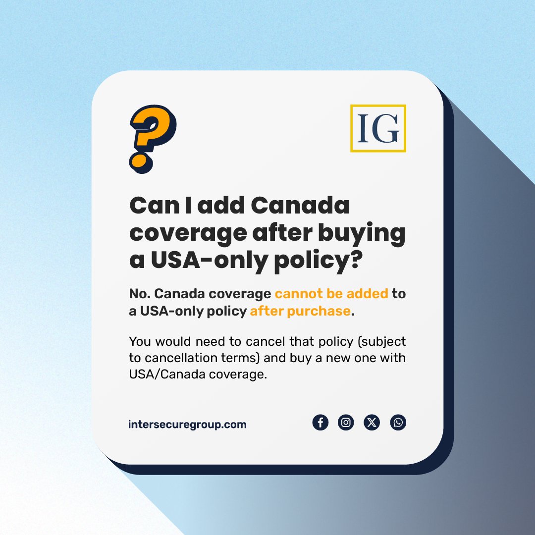 IntersecureG's tweet image. If you buy a USA-only policy, you can’t add Canada later. If plans change, you’ll need to cancel (per terms) and purchase a new USA + Canada policy. Confirm your itinerary before buying! ✅

Get insured: intersecuregroup.com 🚗

#RoadTripReady  #CanadaInsurance