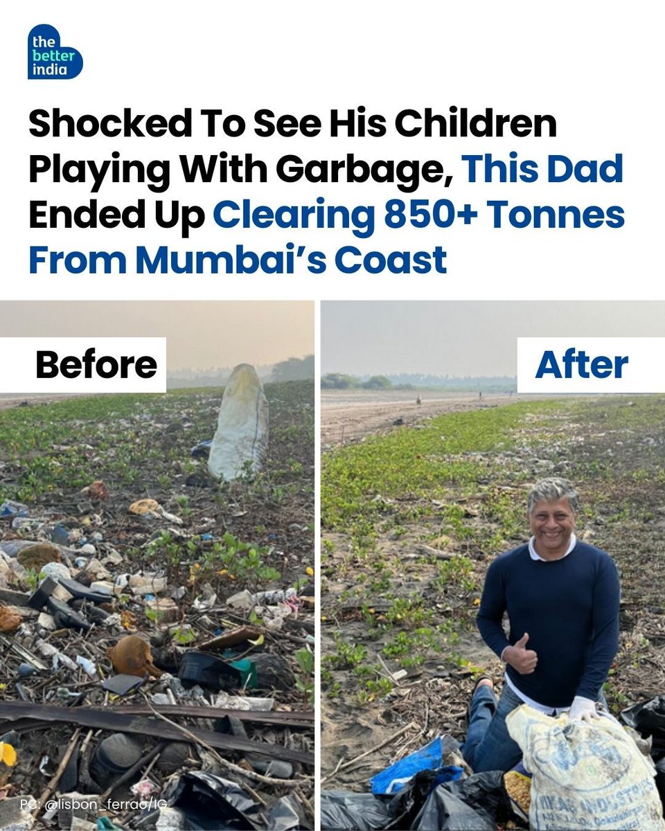 thebetterindia's tweet photo. What started as a father’s concern became a movement that cleaned Mumbai’s coast.

When Lisbon Ferraro saw his children playing near garbage, he chose to act.

He believes, “Waiting teaches nothing. Action teaches all.”

Today, 850+ tonnes of waste have been cleared — proving that one decision can change an entire shoreline.

#BeachCleanup #Mumbai #OceanConservation

[Mumbai, Clean up Drive, Ocean Conservation, Waste Warriors of India]