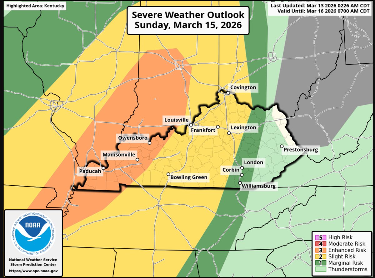 tystorm101's tweet photo. (1/2) Big changes on the SPC Outlook for Sunday as the Slight Risk now includes all of Central KY and an Enhanced Risk is issued for a large chunk of Western KY. The main threat is Damaging Winds, but a Few Tornadoes are Possible. This is going to be a QLCS Event. #kywx https://t.co/1ywOOJahEn