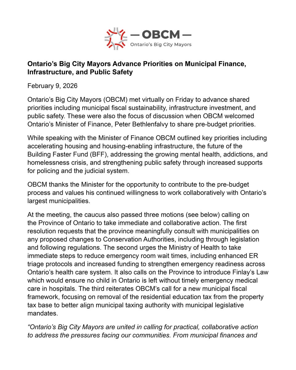 MariannMeedWard's tweet photo. At our last meeting, @ONBigCityMayors supported my motion on Emergency Room Reform, including calling for the introduction of Finlay’s Law to ensure no child Ontario is left without timely care. Thank you to my fellow Mayors for the support. 

Also thank you to Minister @PBethlenfalvy for joining ahead of the provincial budget. We look forward to continued collaboration to deliver sustainable solutions that support residents, strengthen our cities, and drive Ontario’s economy.

From municipal finances and infrastructure to public safety and emergency health care, the challenges we face require meaningful partnership with the province.