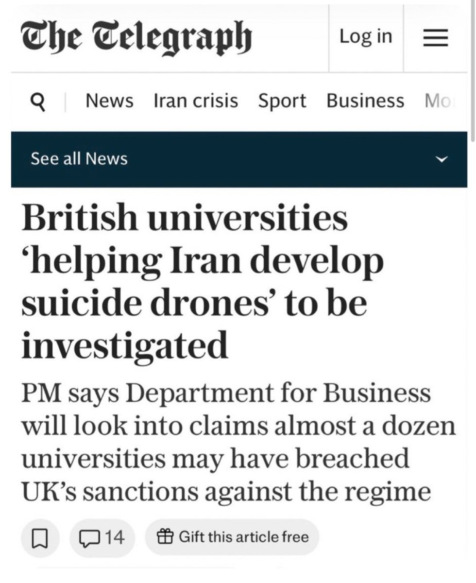 faryarfirouzi's tweet photo. گزارش روزنامه تلگراف لندن: رسوایی پهپادی در قلب دانشگاه‌ها‌ی بریتانیا
تحقیقات تکان‌دهنده نشان می‌دهد که دست‌کم ۱۱ دانشگاه برتر بریتانیا، از جمله آکسفورد و امپریال کالج، در توسعه فناوری پهپادهای انتحاری به جمهوری اسلامی کمک کرده‌اند. بر اساس این گزارش، محققان بریتانیایی از این دانشگاه‌ها در ۱۶ پروژه تحقیقاتی با ایران همکاری داشته‌اند که مستقیماً بر بهبود «ارتفاع پرواز، سرعت و برد» موتور پهپادها متمرکز بوده است؛ فناوری‌هایی که اکنون در مناطق جنگی جهان استفاده می‌شوند.
​
آلیسیا کرنز، رئیس کمیته روابط خارجی پارلمان بریتانیا، این همکاری‌ها را یک نقض «هولناک» خوانده و هشدار داده است که تحقیقات علمی با بودجه مالیاتی بریتانیا، عملاً در خدمت یک «دولت متخاصم» قرار گرفته است. در حالی که دانشگاه‌ها مدعی رعایت قوانین هستند، دولت بریتانیا تحقیقات فوری خود را درباره چگونگی انتقال این تکنولوژی‌های دوگانه به سپاه پاسداران (IRGC) آغاز کرده است.

قسمت بزرگی از بودجه دانشگاه‌های بریتانیا، مستقیما وابسته به پذیرش و دریافت شهریه از دانشجوهای خارجی است و بدون آن در معرض جدی ورشکستگی قرار می‌گیرند. 
​#اخبار_فوری #بریتانیا #پهپاد #سپاه_پاسداران #تحریم
