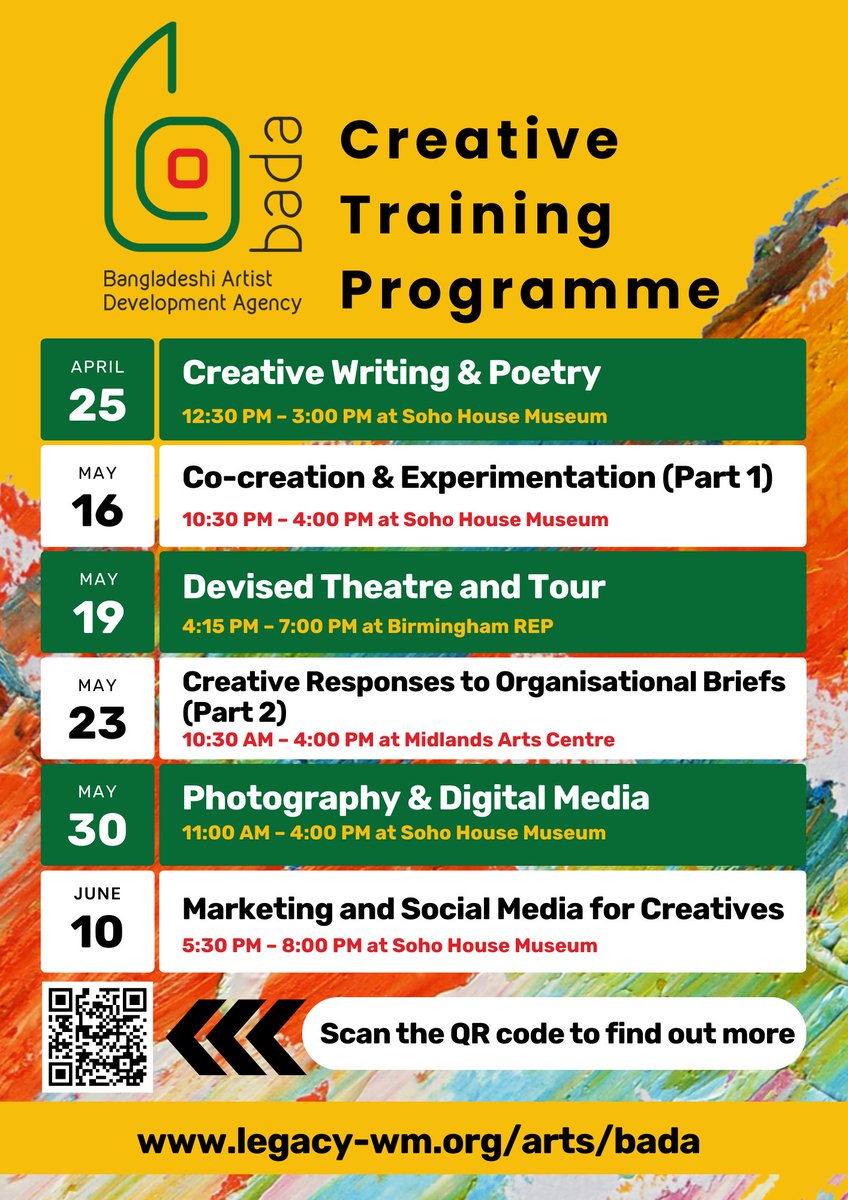 LegacyWM1's tweet image. 🎨 The BADA Creative Training Programme is delivering a series of FREE creative workshops and training sessions taking place from March to June.

Book now to secure your spot! 
legacy-wm.org/arts/bada

#Creatives #Artists #Training #Workshops #FREE #Birmingham #WestMidlands