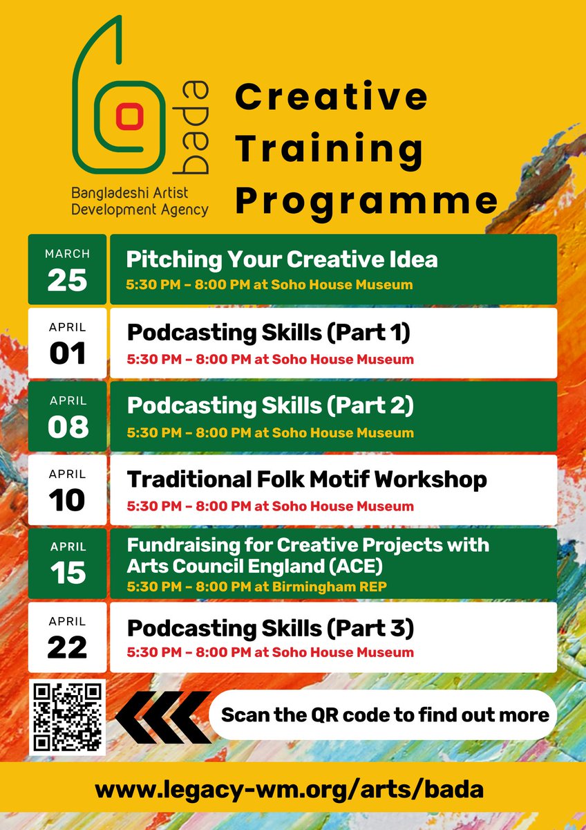 LegacyWM1's tweet image. 🎨 The BADA Creative Training Programme is delivering a series of FREE creative workshops and training sessions taking place from March to June.

Book now to secure your spot! 
legacy-wm.org/arts/bada

#Creatives #Artists #Training #Workshops #FREE #Birmingham #WestMidlands