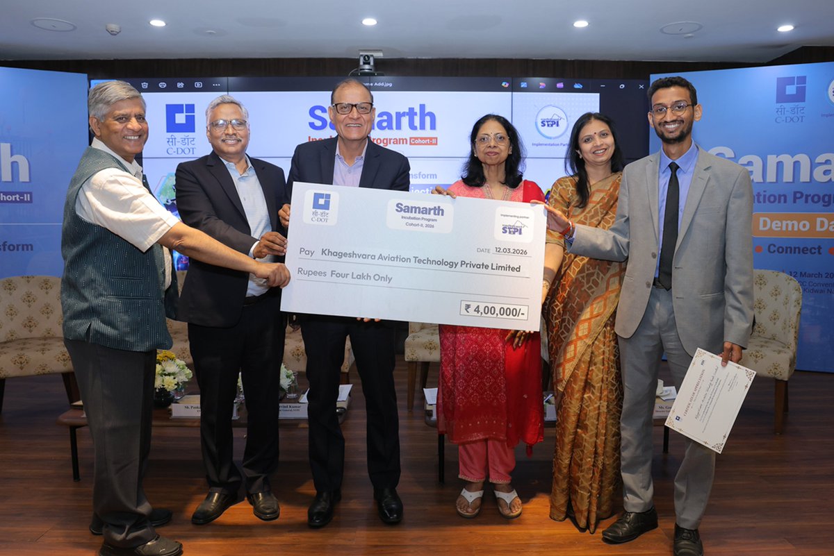 stpiindia's tweet photo. (1/2)
Congratulations to these startups for achieving a new milestone 🏆

The Samarth Incubation Program Demo Day for Cohort-II, powered by CDOT and implemented by STPI, witnessed 17 thrilling startup pitches in an enlightening pitch round "Launchpad", followed by an exciting Elevate cum Award Ceremony. 

From cheque and certificate distribution for the Stage-II grant to inspiring pitches by Cohort–II startups, the event showcased cutting-edge solutions in 5G/6G, AI & IoT, Cybersecurity, Quantum Tech Telecom Software & more. 
With mentorship, funding and guidance, these startups are now ready to transform their ideas into impactful market-ready innovations. 

Out of these startups, Khageshvara Aviation Technology Private Limited, Xpectro Solutions (OPC) Private Limited, Huebits Tech Private Limited, Zepto Logic Technologies Private Limited and https://t.co/uwko2YQTO6  Technology Private Limited bagged total grant of ₹5 Lakhs each in Cohort II of the Samarth Incubation Program! ✨

#STPI #CDOT #TiEDelhi #Samarth #Incubation #NGIS #DemoDay #Telecom #DeepTech #AI #IoT #Cybersecurity #QuantumTech #5G #6G #Startups #Innovation #DigitalIndia #Startups #StartupEcosystem #Funding

@_DigitalIndia @NeGD_GoI @geetikadayal @rkupadhyay @CDOT_India @TiEDelhi @CM_Insights