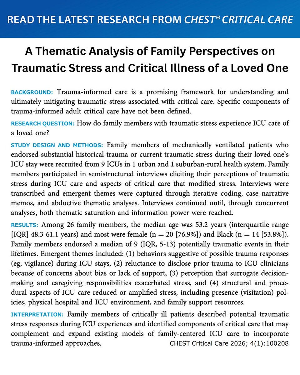 accpchest's tweet image. How do family members with traumatic stress experience #ICU care of a loved one?

Read the original research in #journal_CHESTCritCare: hubs.la/Q046LNsb0
#MedEd #JournalCHEST
