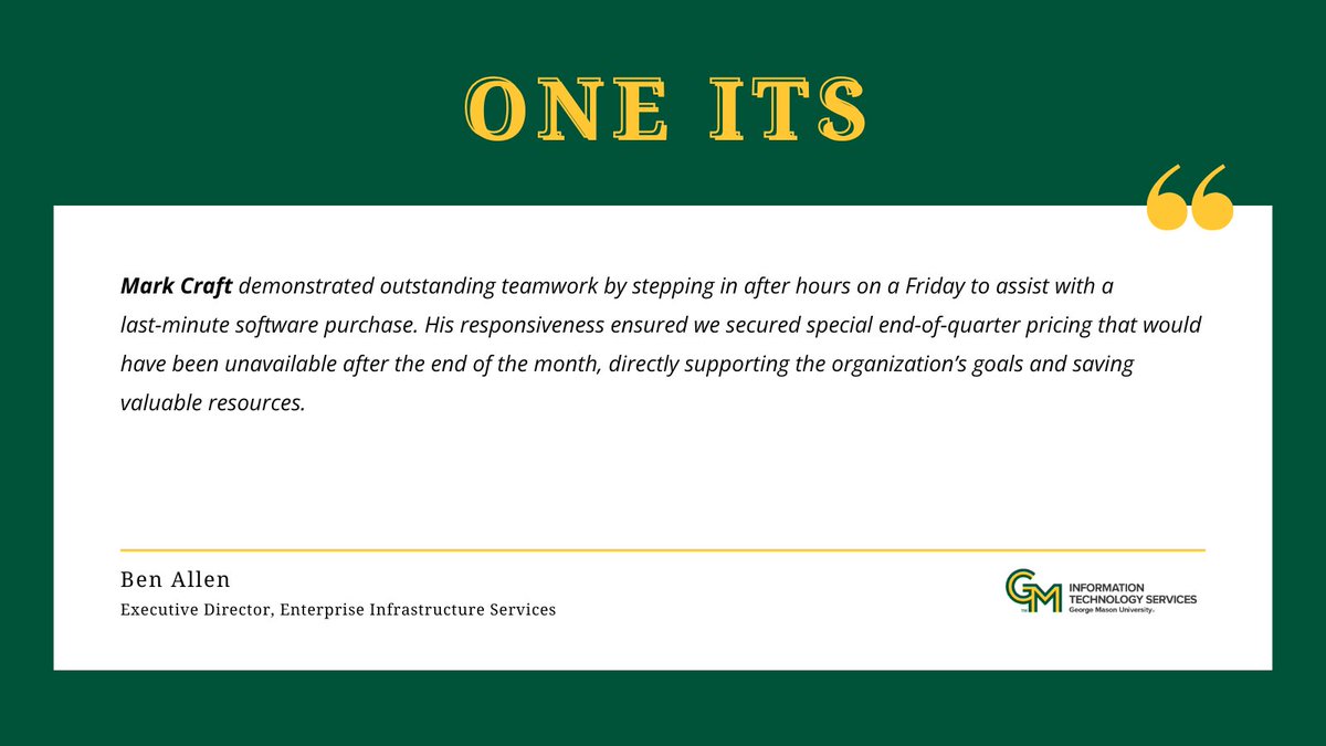 GeorgeMasonITS's tweet photo. Join us every Friday for our One ITS series 💚💛 https://t.co/rl8d6Siptt