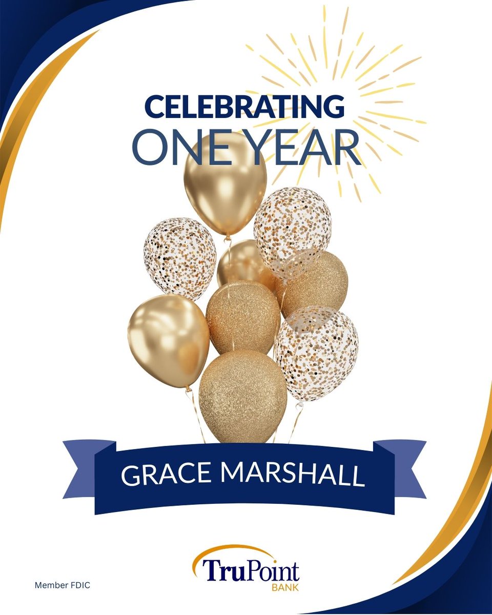 Today, we’re very happy to celebrate Grace Marshall and One Year of service with TruPoint Bank! Grace, we’re looking forward to another great year with you! #WeHaveTheBestTeamEVER!🎉