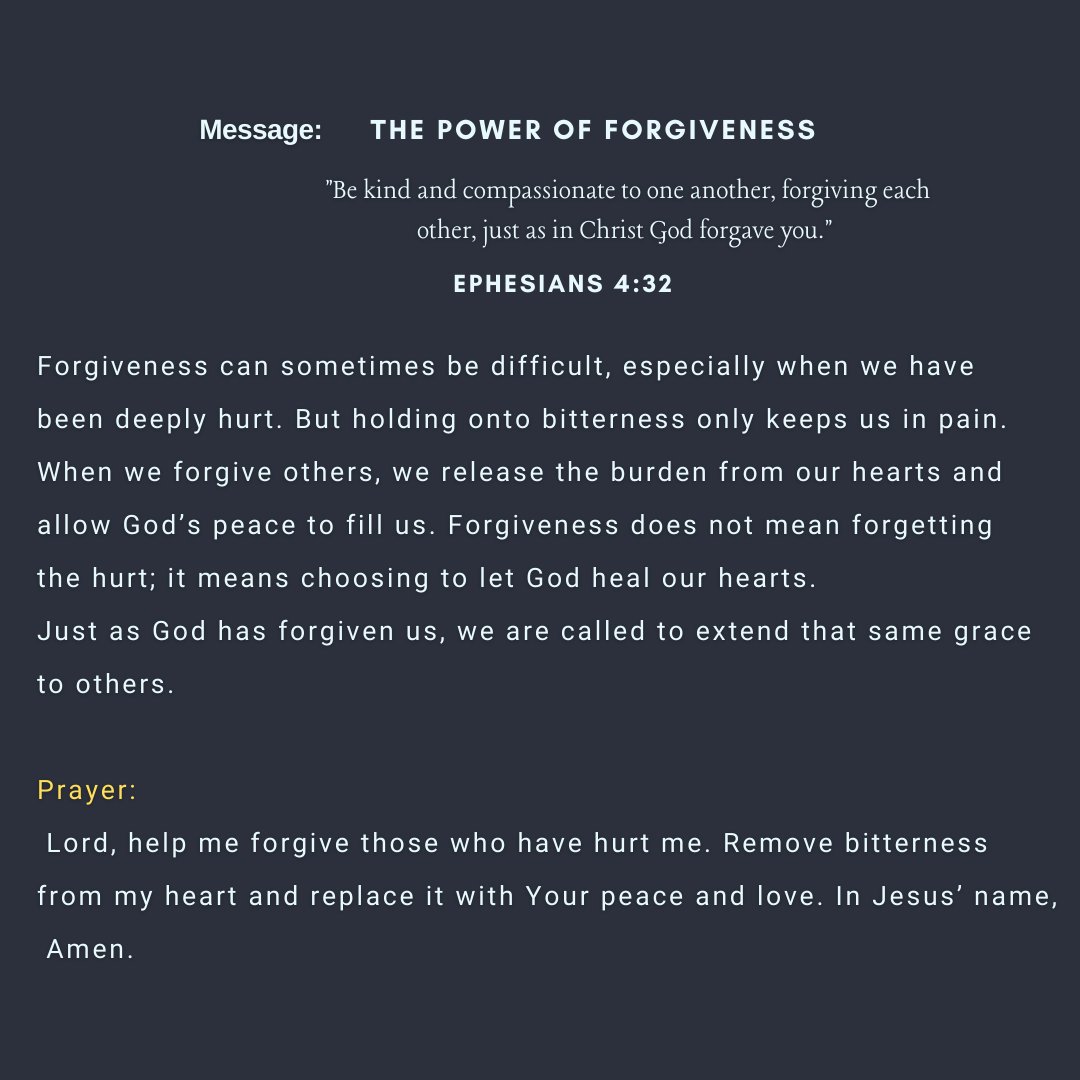 Spreadtheeword's tweet photo. Sometimes the heaviest weight we carry isn’t what someone did to us,  it’s the bitterness we hold onto.

Forgiveness doesn’t erase the pain, but it frees the heart. When we forgive, we make room for God’s peace to heal what hurt us.

#spreadtheword #christianliving #JesusChrist https://t.co/ox4oHijJtt