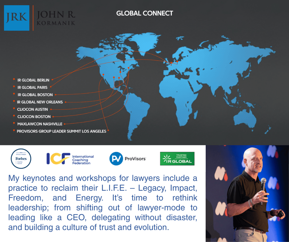 jkormanik's tweet photo. My keynotes and workshops for lawyers include a practice to reclaim their L.I.F.E. – Legacy, Impact, Freedom, and Energy; from shifting out of lawyer-mode to leading like a CEO, delegating without disaster, and building a culture of trust and evolution. 

https://t.co/1sebFg48Ue https://t.co/IDrhcgUML6