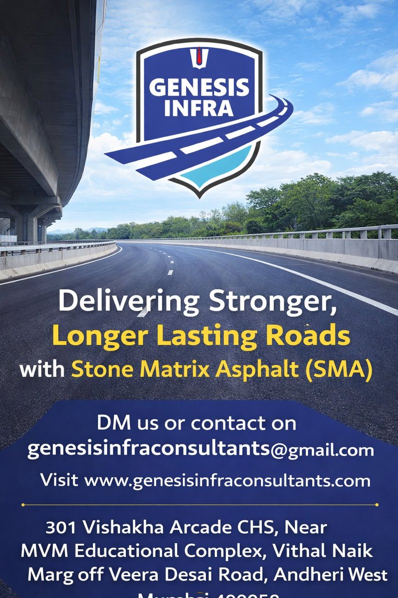 InfraGenesis's tweet photo. Stronger roads start with better pavement technology.
Genesis Infra Project Consultant supports infrastructure projects with Stone Matrix Asphalt (SMA) expertise and advanced pavement materials to build longer lasting roads.
#RoadEngineering #InfrastructureIndia #GenesisInfra https://t.co/REYcvF3hMR