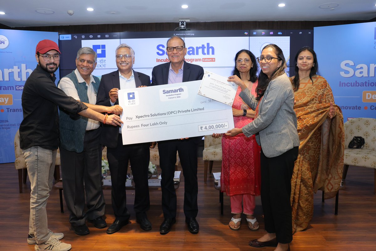 stpiindia's tweet photo. (1/2)
Congratulations to these startups for achieving a new milestone 🏆

The Samarth Incubation Program Demo Day for Cohort-II, powered by CDOT and implemented by STPI, witnessed 17 thrilling startup pitches in an enlightening pitch round "Launchpad", followed by an exciting Elevate cum Award Ceremony. 

From cheque and certificate distribution for the Stage-II grant to inspiring pitches by Cohort–II startups, the event showcased cutting-edge solutions in 5G/6G, AI & IoT, Cybersecurity, Quantum Tech Telecom Software & more. 
With mentorship, funding and guidance, these startups are now ready to transform their ideas into impactful market-ready innovations. 

Out of these startups, Khageshvara Aviation Technology Private Limited, Xpectro Solutions (OPC) Private Limited, Huebits Tech Private Limited, Zepto Logic Technologies Private Limited and https://t.co/uwko2YQTO6  Technology Private Limited bagged total grant of ₹5 Lakhs each in Cohort II of the Samarth Incubation Program! ✨

#STPI #CDOT #TiEDelhi #Samarth #Incubation #NGIS #DemoDay #Telecom #DeepTech #AI #IoT #Cybersecurity #QuantumTech #5G #6G #Startups #Innovation #DigitalIndia #Startups #StartupEcosystem #Funding

@_DigitalIndia @NeGD_GoI @geetikadayal @rkupadhyay @CDOT_India @TiEDelhi @CM_Insights