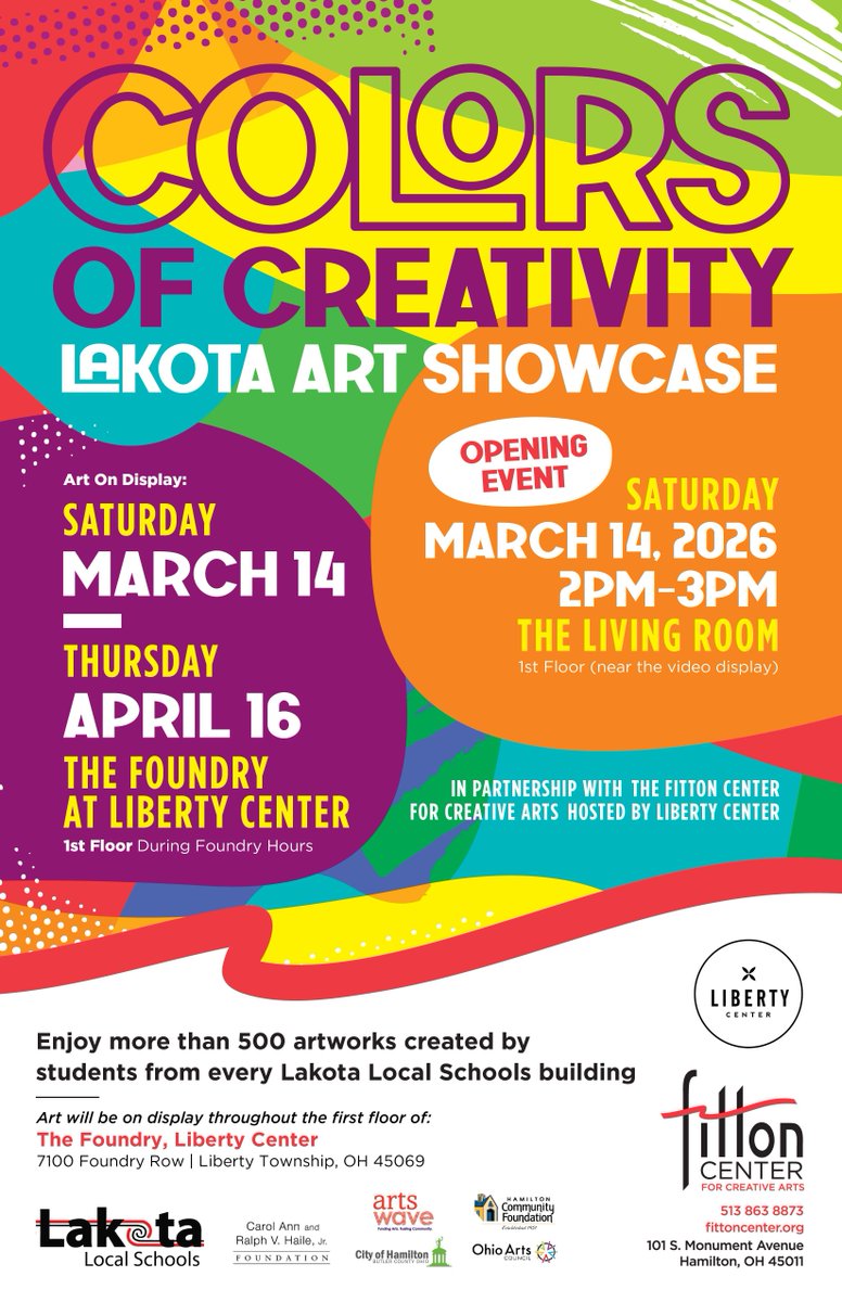 westchestertwp's tweet image. Explore the artworks created by talented Lakota students. The Colors of Creativity: Lakota Art Showcase will showcase over 300 artworks created by Lakota students at The Foundry at Liberty Center from Saturday, March 14th, to Thursday, April 16th. 

#WestChesterOh