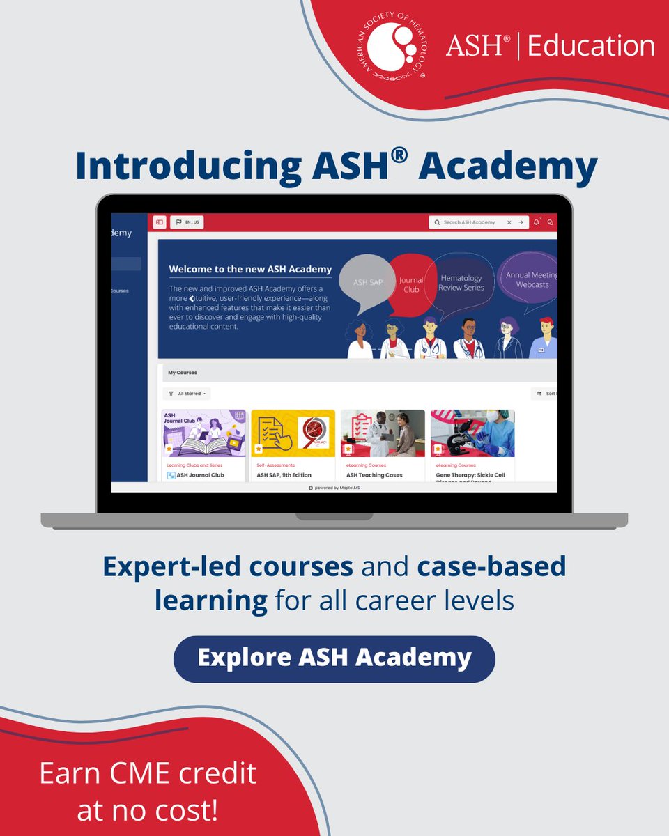 ASH_hematology's tweet photo. The new ASH Academy is live! Explore a redesigned platform with intuitive navigation, enhanced search, and engaging new content formats, all delivering expert-led hematology education that fits your practice and your life. 🔗 https://t.co/NfGd2ZRyjz

#ASHEducation https://t.co/BdpBHkLbqH