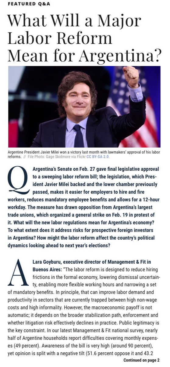pilarconci's tweet photo. 🇦🇷 Argentina's Congress passed a landmark labor reform backed by President Milei, but what does it actually mean for the economy, foreign investment, and the country's political future?

I shared my take in today's Latin America Advisor @The_Dialogue https://t.co/V63j6JANdV