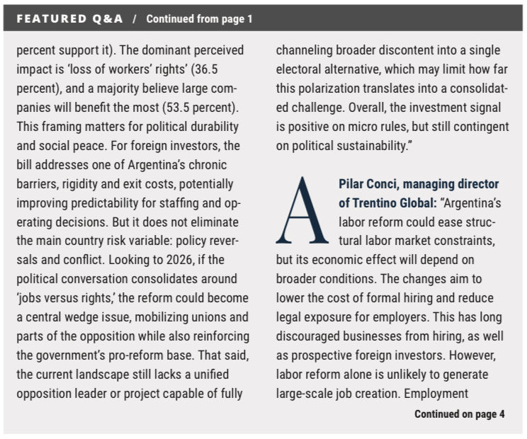 pilarconci's tweet photo. 🇦🇷 Argentina's Congress passed a landmark labor reform backed by President Milei, but what does it actually mean for the economy, foreign investment, and the country's political future?

I shared my take in today's Latin America Advisor @The_Dialogue https://t.co/V63j6JANdV