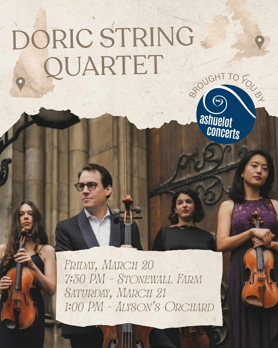 AshConcerts's tweet photo. We can’t wait to welcome the Doric String Quartet to Keene &amp; Walpole NH next week!
🎶Stonewall Farm - March 20, 7:30pm
🎶Alyson's Orchard - March 21, 1pm

https://t.co/ZCfkGEl7xt

#musicistheanswer #chambermusic #classicalmusic #livemusic #lovelivemusic #betterinreallife https://t.co/fbRUcJ18aH