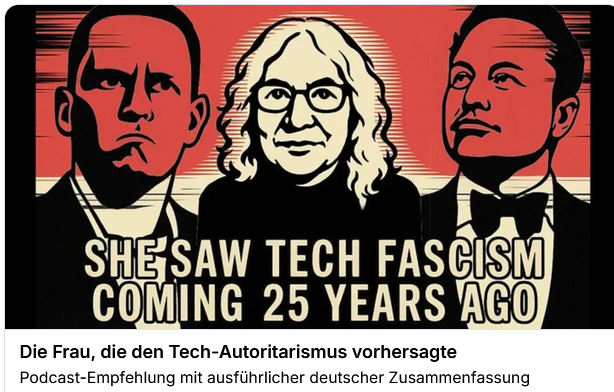 DrDobberstein's tweet photo. Paulina Borsook warnte schon in den 90ern vor Silicon Valleys toxischer Libertarianismus-Kultur. Heute prägen Elon Musk & Peter Thiel die globale Politik. Wer hört zu? #TechFascism #SiliconValley #PaulinaBorsook
https://t.co/TvcDJo5dsu https://t.co/wj7llW8hUn