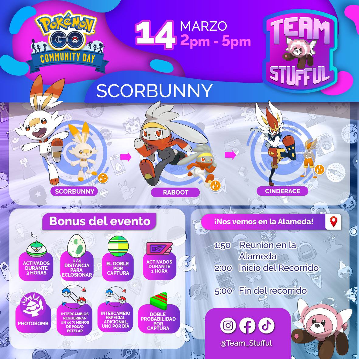Team_Stufful's tweet photo. ¡Atención entrenadores! Nos vemos este sábado 14 de Marzo a partir de las 2:00 pm en la Alameda Hidalgo para jugar juntos el Día de la comunidad de Scorbunny, nos vemos pronto ✨

#Team_Stufful #Queretaro #PokemonGo #Scorbunny https://t.co/RVpvrUYDIr