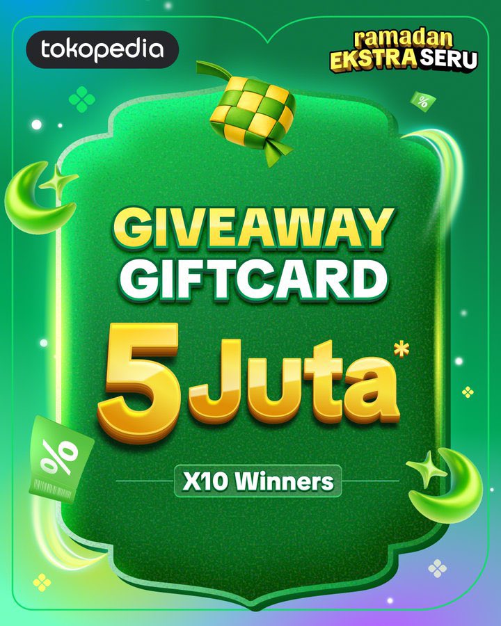 ✨ Masih bagi-bagi GIFTCARD 5 JUTA buat 10 pemenang:

1. Follow Twitter &amp; Instagram @Tokopedia
2. Klik link tokopedia.link/giveawaygcx
3. RT &amp; reply tweet ini dengan share bukti belanja kamu hari ini di Tokopedia dari link tersebut