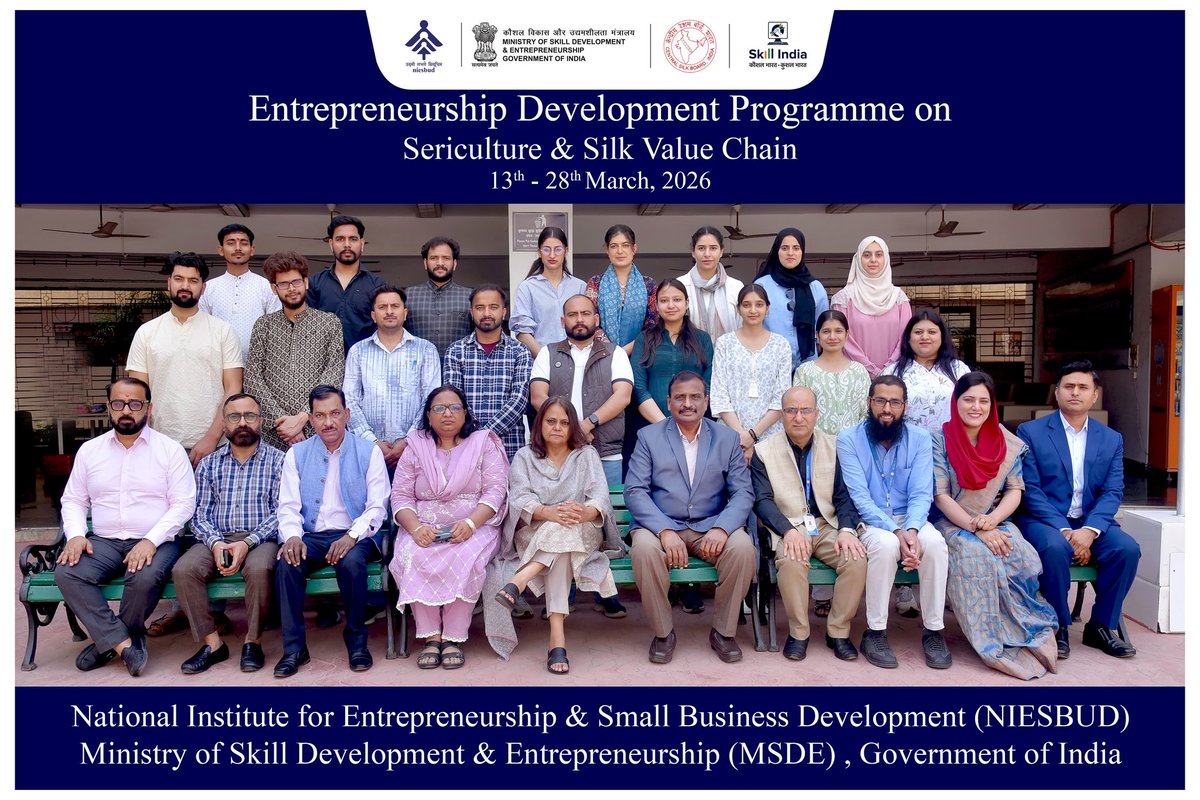 csbmot's tweet photo. The Entrepreneurship Development Programme on Sericulture & Silk Value Chain was inaugurated at NIESBUD, Noida (13-28.03.2026), sponsored by the Central Silk Board @TexMinIndia. The prog. brings together 25 participants from 8 states, focusing on skills, innovation & #Entrepreneurship in the silk value chain with strong participation of #women trainees.