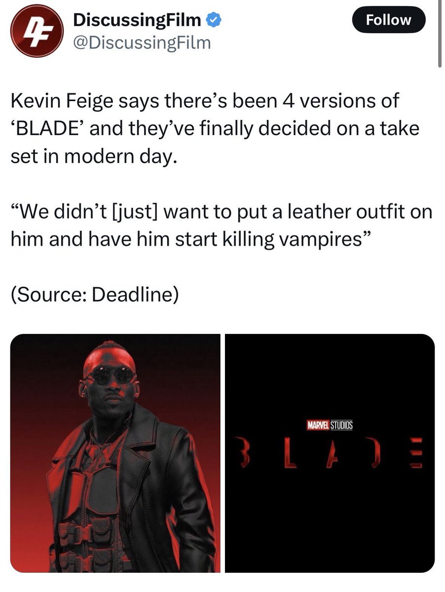 SandyofCthulhu's tweet photo. This is why so many modern movies suck, despite having killer IPs. 

Why would you do a Blade movie and NOT want his leather-clad ass killing vampires?! What is wrong with their brains? 

"Let's do Romeo & Juliet, but they'll each be in love with someone else."

"Let's do Saving Private Ryan, but without the tedious battle scenes."

We see this so often. I think some hip young guy in the board room is trying to make himself seem cool, so randomly spouts incredibly stupid crap to be "edgy" and then the old guys around the table are just, "Whatever. I have enough money to retire, and don't want to fight this battle. Who cares if he ruins Star Trek forever."