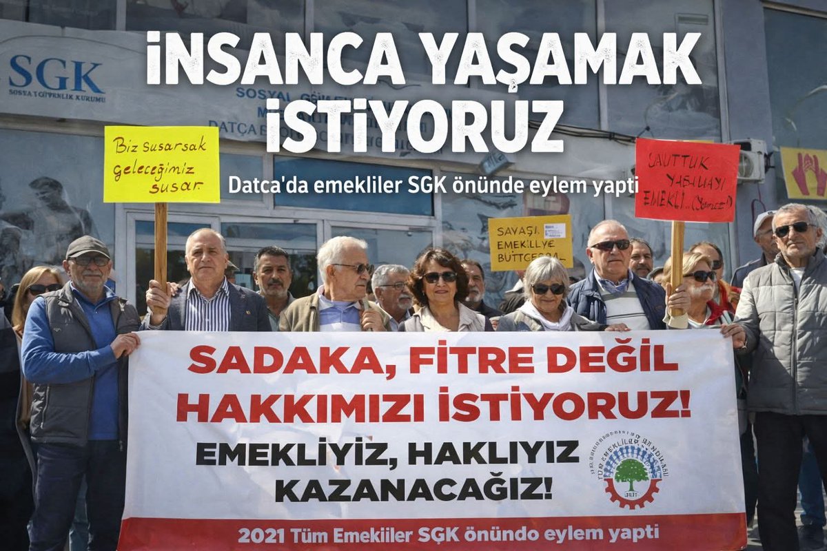 DATÇA'DA EMEKLİ İSYANI
Artan hayat pahalılığı, eriyen maaşlar ve büyüyen borç yükü nedeniyle Datça’da emekliler SGK binası önünde toplandı. Datça 2021 Tüm Emekliler Sendikası’nın çağrısıyla düzenlenen eylemde emekliler, “Sadaka değil hakkımızı istiyoruz” diyerek düşük aylıklara,