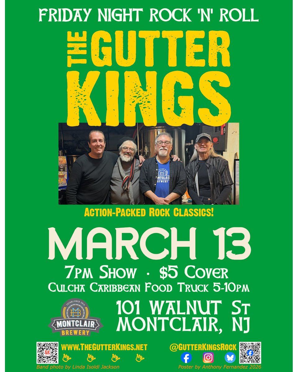 GutterKingsRock's tweet photo. TONIGHT (March 13)! The Gutter Kings are back at #MontclairBrewery. We'll be hittin' you with some Action-Packed Rock Classics from 7-10pm.
Event Info: https://t.co/1lqXxPgOXl
Put yer drinkin' shoes on, and get ready to dance and sing along! Let's get our KICKS in 2026! https://t.co/KvujVUfrIk