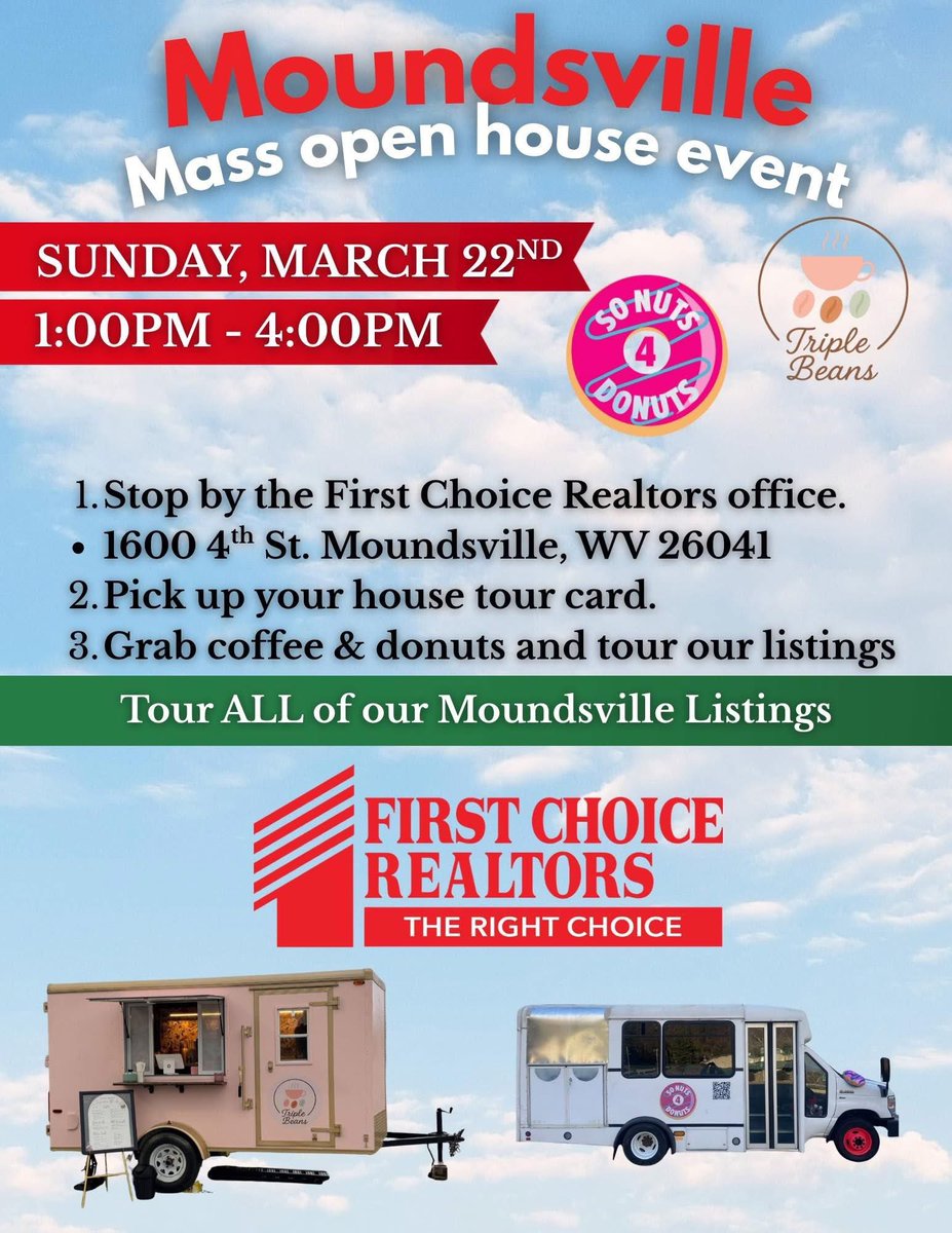 TomCarpenterOV's tweet image. Come visit our Moundsville office on Sunday, 3/22 from 1-4 PM for our MEGA OPEN HOUSE TOUR! Start at our office and enjoy coffee and donuts, and then embark on a tour of the many wonderful Moundsville listings we have available. 
#Moundsville #MarshallCounty #MegaOpenHouseEvent
