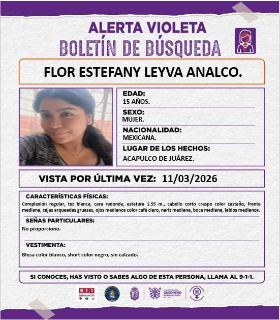 elsurdeguerrero's tweet photo. 🟣#AlertaVioleta por la desaparición de la adolescente Flor Estefany Leyva Analco, de 15 años, en #Acapulco

https://t.co/rHBCp7mAGM
#Comparte #Guerrero #Desaparecidas https://t.co/7Me8ROkP30