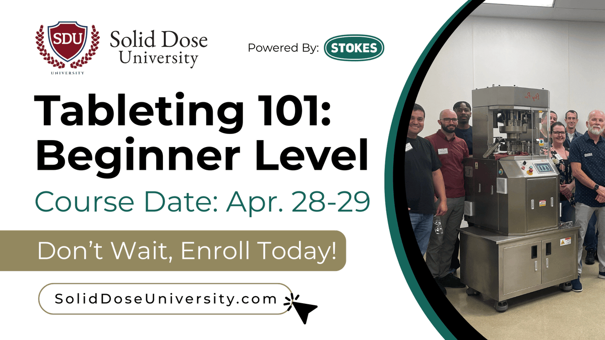 StokesTP1896's tweet photo. New to tablet manufacturing?

Tableting 101 – Beginner Level from Solid Dose University, powered by Stokes, covers the fundamentals of tablet press operation and production.

Enroll today:
https://t.co/raxl5thRLE

#Stokes #SolidDoseUniversity #TabletManufacturing https://t.co/thm3qCvCfh