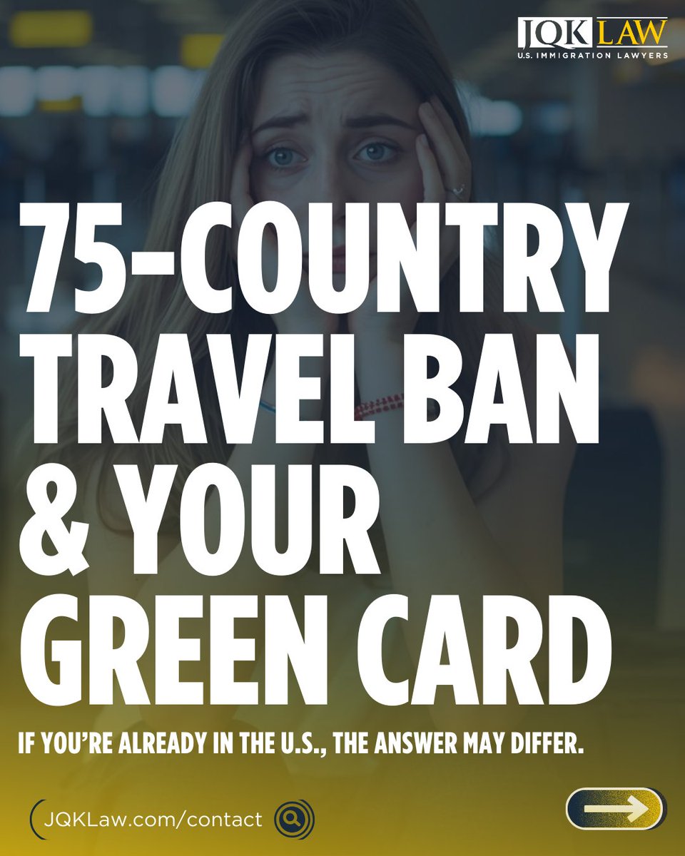 JQKLawFirm's tweet image. Is the 75-country travel ban blocking your green card? If you’re already in the U.S., your case may still move forward. But timing, intent, and a clean application matter more than ever. 

Read the full carousel post here: instagram.com/jqklawfirm
#greencard #uscis #immigrationtip