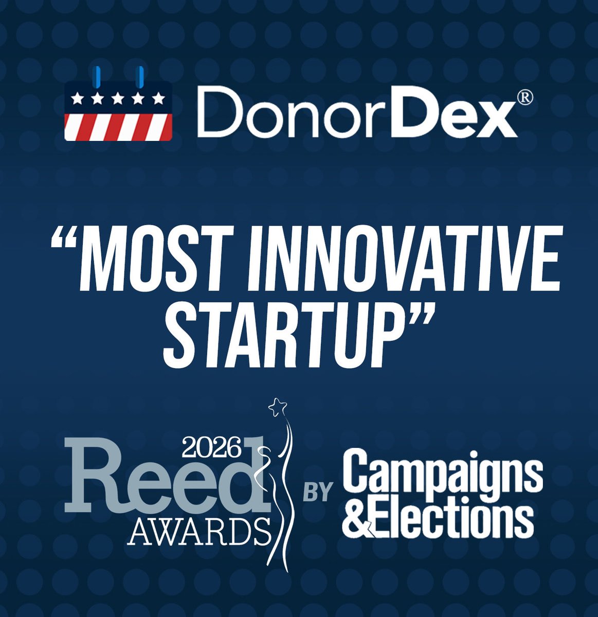 DonorDex's tweet photo. Campaigns &amp; Elections Magazine has named DonorDex the Most Innovative Startup in the industry!

The DonorDex team received this award at last night’s @C_and_E Reed Awards banquet in Charleston, SC.

The work continues. We have even more innovation in store for 2026. Thank you! https://t.co/ER8JQB6iZP