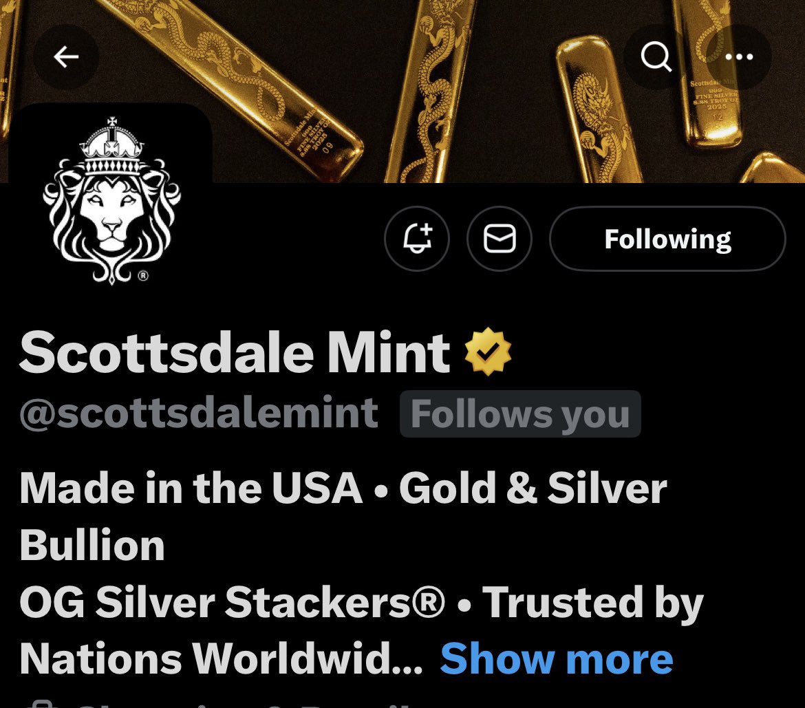 TheSilverLion1's tweet image. Life Can’t Be Bad When The Best Bullion Dealer In The World Follows You!  #Silver #Scottsdale  

Keep Stacking ! 

@scottsdalemint