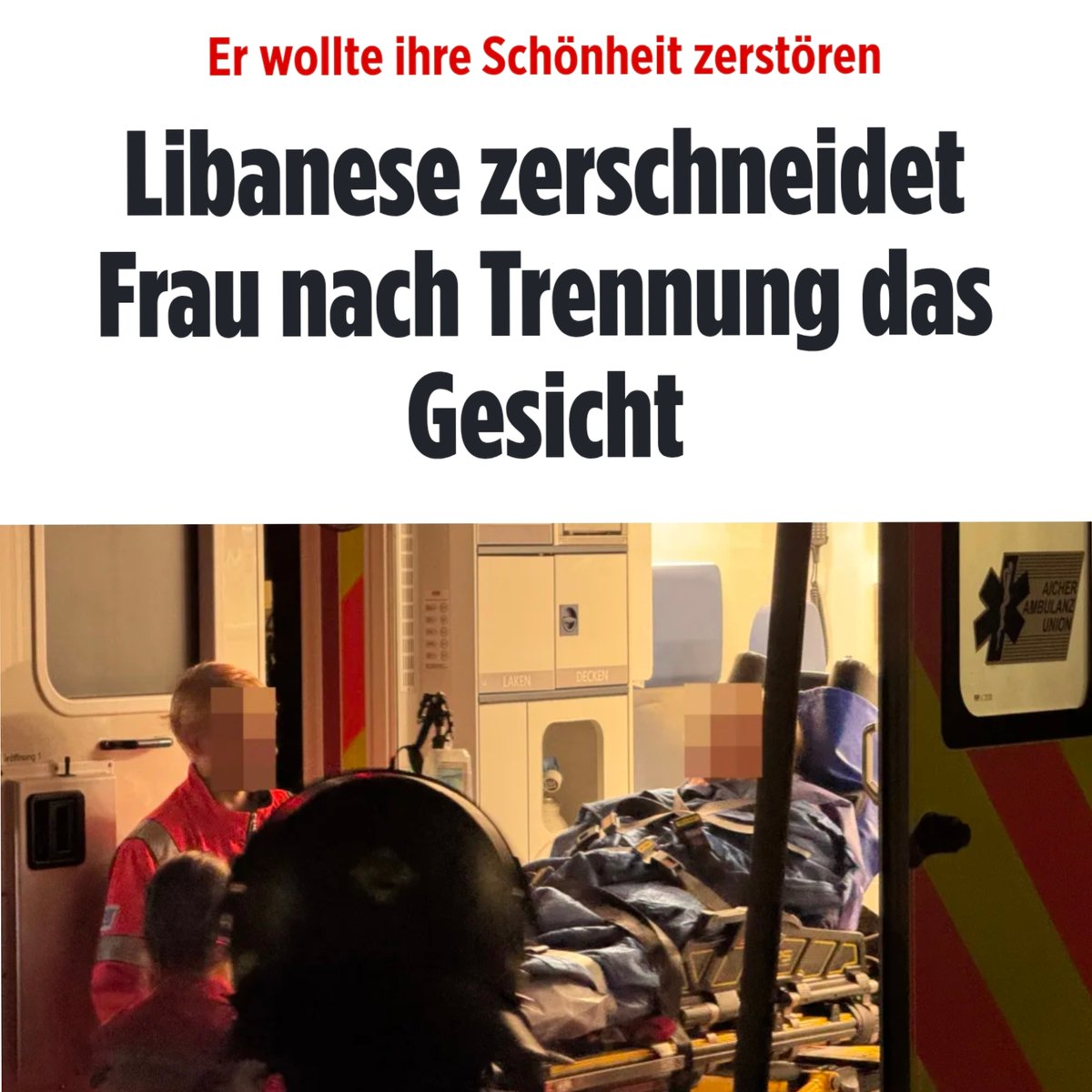 Libanese zerschneidet der Ex-Freundin das Gesicht, damit sie keine neue Liebesbeziehung eingehen könne. Er fühlte sich entehrt. 
Vor Ort fanden die Einsatzkräfte Tanja T. mit Schnitt- und Stichverletzungen an Kopf und Oberkörper. Sie wird überleben.
Entstellt fürs Leben.