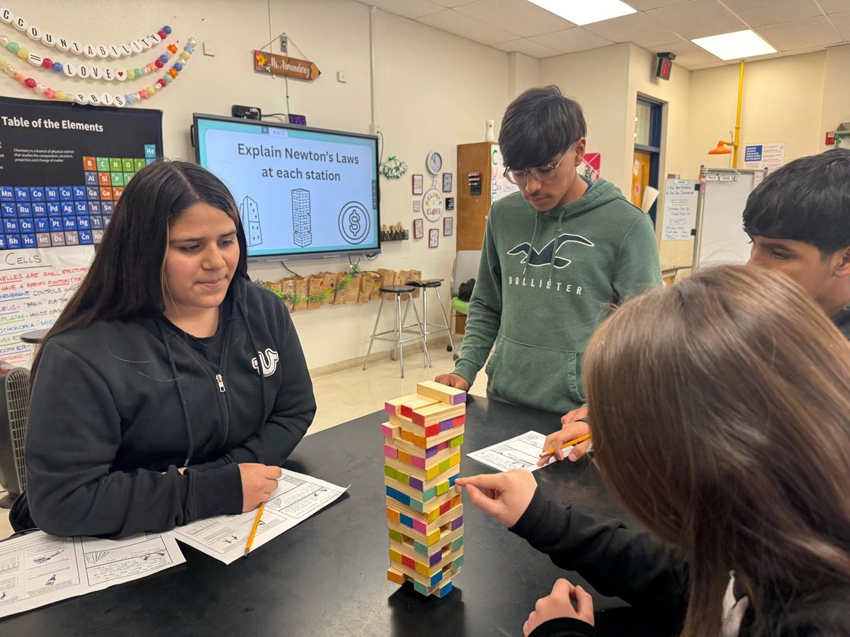 Guillen_Middle's tweet image. Students explored Newton’s Laws of Motion today 🚀 discovering that a force is simply a push or a pull! Through hands-on activities, they saw how forces cause objects to start moving, stop, or change direction. Science in motion! ⚙️🔬
#AccountabilityEqualsLove #BreakTheCycle