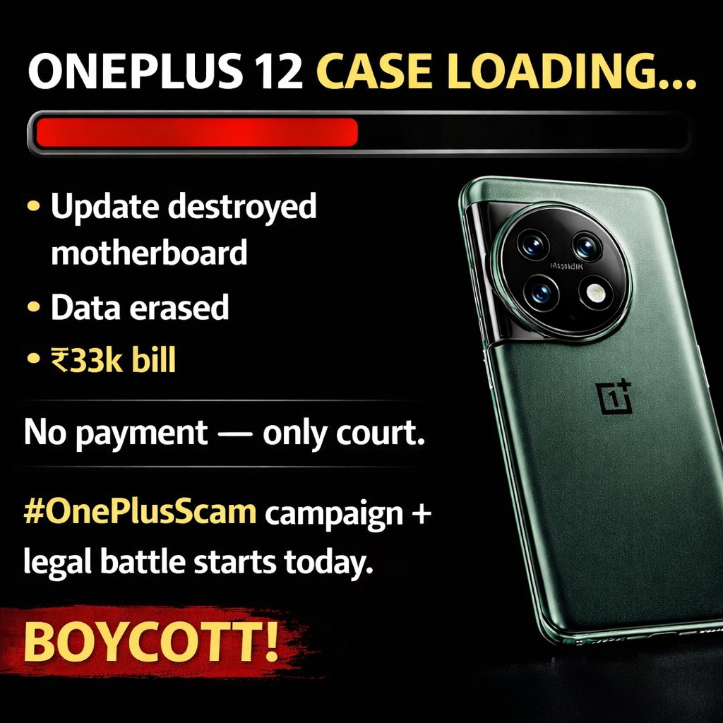 AsliAyurved's tweet image. ONEPLUS 12 CASE LOADING… Update destroyed motherboard, data erased, ₹33k bill. No payment —  #OnePlusScam campaign  starts today. Boycott! @OnePlus_IN, @Kadvasachhh, @OnePlus_Support, @oneplus, @onepluscareIN, @jagograhakjago, @RobinLiuOnePlus