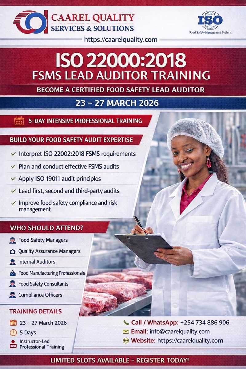 caarelquality's tweet photo. Become a Certified ISO 22000 Food Safety Lead Auditor! 

Register Now: https://t.co/TVUuWQkufY

#iso22000 #iso #foodsafety #isotraining #caarelquality https://t.co/UkXHrkklHo