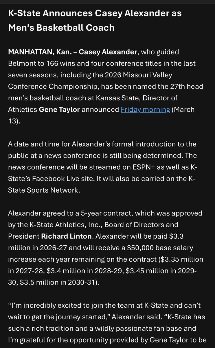 NoahSaccoTV's tweet image. NEW: #KState makes it official, announcing the hiring of Casey Alexander as its new men’s basketball head coach

“I’m incredibly excited to join the team at K-State and can’t wait to get the journey started.”

Date and time for Alexander’s formal introduction is TBD #KStateMBB