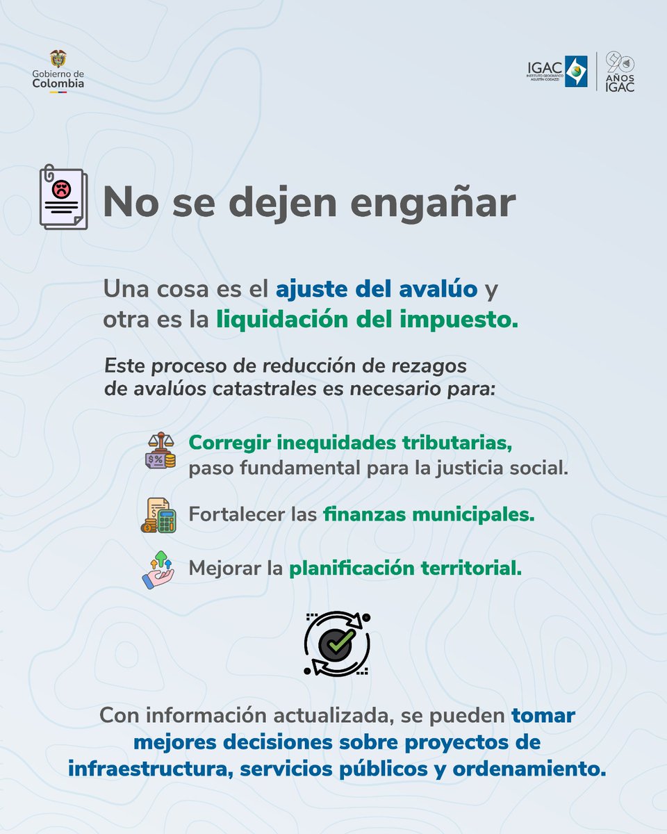 igacColombia's tweet photo. 🚨 Ojo con la desinformación:

El ajuste del avalúo catastral no significa que el impuesto predial suba en la misma proporción.

▶️Te contamos cómo funciona y los límites que fija la ley para mitigar el incremento del impuesto frente al valor pagado el año anterior. https://t.co/v39h36I5Kc