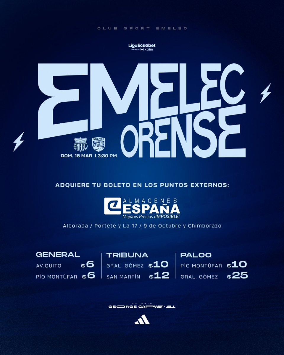 CSEmelec's tweet photo. ⚡El plan del domingo: Capwell.
¡Vamos juntos por esos 3 puntos!🏟️

🆚 Orense SC 
📆 Domingo 15 de Marzo 
🕢 15:30

📍 Adquiere tus boletos en: 

🏟️ Boleterías del Estadio George Capwell 
🏢 Almacenes España
💻 https://t.co/poliqDbr8c

#VolvemosASerEmelec 🔵 https://t.co/HeMvRC33Zv